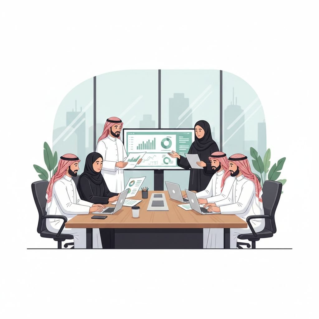 فريق خبراء استشاريين في مكتب دراسة جدوى معتمد بالرياض يناقشون تحليلات سوقية لمشروع استثماري.