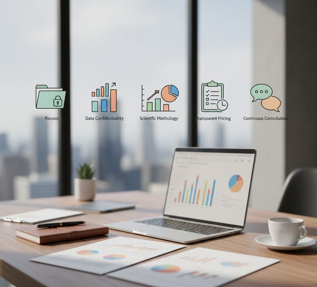 إنفوجرافيك يوضح معايير اختيار مكتب دراسة جدوى معتمد تشمل سرية البيانات والمنهجية العلمية والشفافية.