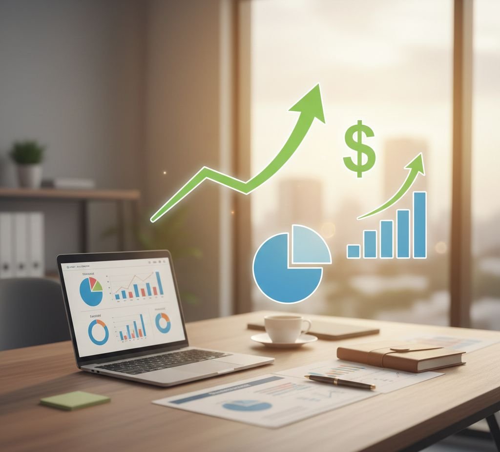 رسوم بيانية توضح نمو الأرباح وتحقيق العائد الاستثماري لمشروع ناجح بفضل دراسة جدوى دقيقة.