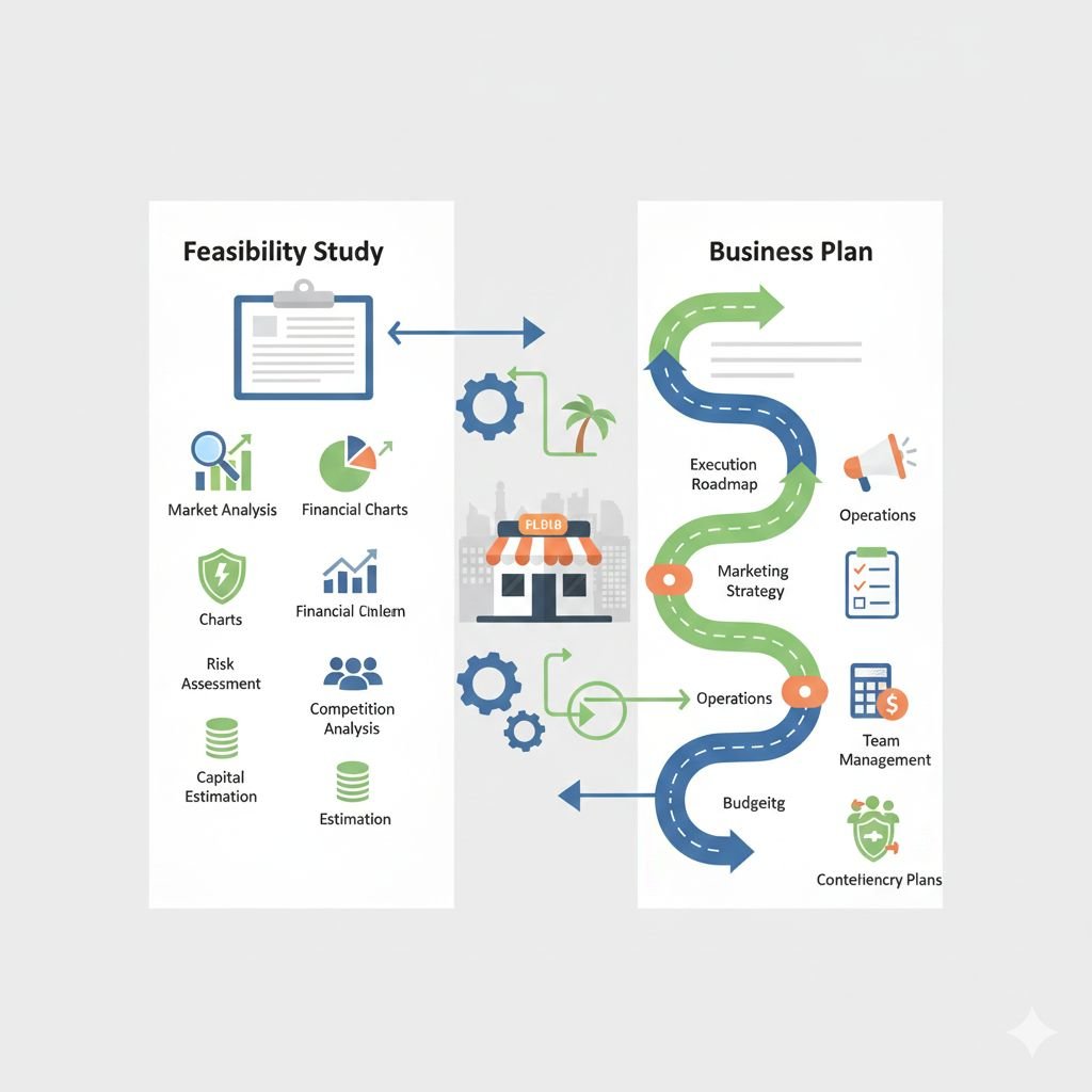 مخطط بياني يوضح العلاقة التكاملية بين نتائج دراسة الجدوى وتحويلها إلى استراتيجيات تنفيذية في خطة العمل لضمان نجاح المشاريع في السعودية.
