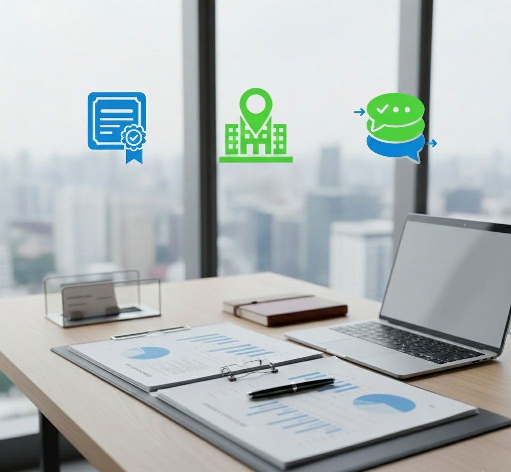 أيقونات توضح خطوات التحقق من مصداقية مكتب دراسة جدوى تشمل التراخيص والمقر الرسمي والتواصل المباشر.