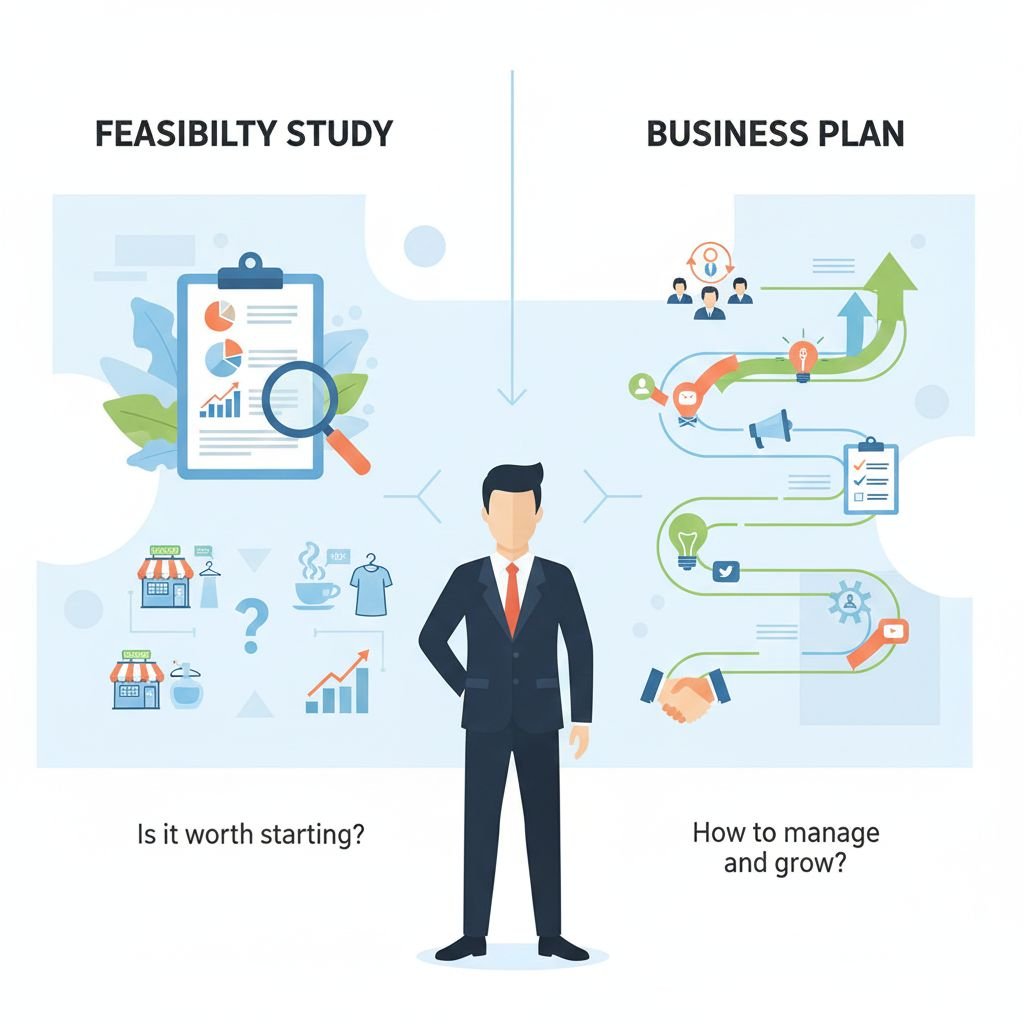 رسم توضيحي يحدد متى يحتاج رائد الأعمال لدراسة الجدوى لتقييم فكرة المشروع مقابل توقيت خطة العمل لإدارة التشغيل في السعودية.
