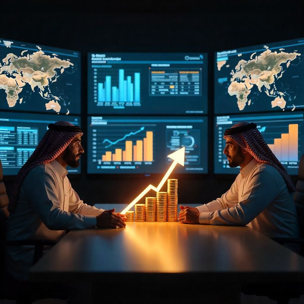 فريق عمل شركة مالك الريادة في اجتماع استراتيجي لتحليل دراسة جدوى مشروع تأجير المستودعات والمخازن باستخدام شاشات بيانات ولوجستيات متقدمة.