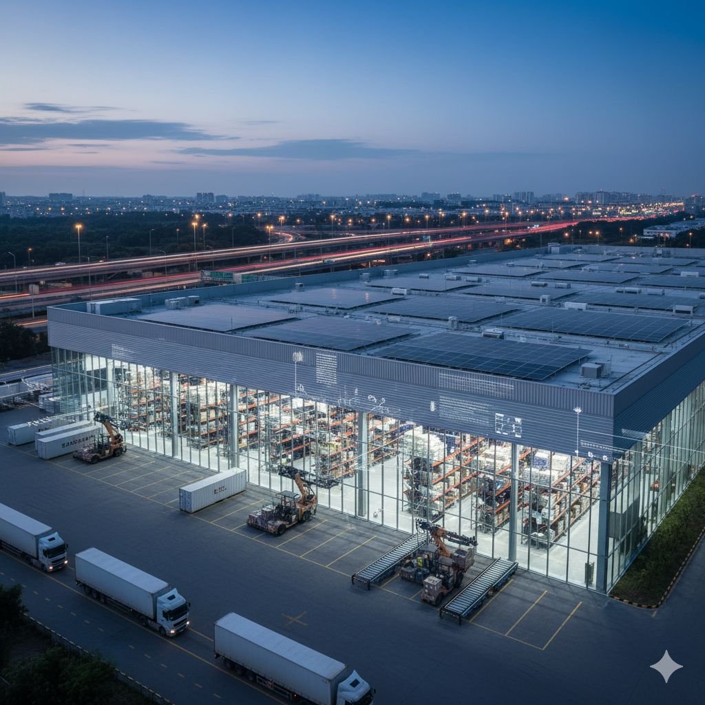 مستودع لوجستي حديث من فئة Grade A مع ألواح شمسية وشاحنات، يوضح المتطلبات الفنية لـ دراسة جدوى مشروع تأجير المستودعات والمخازن.