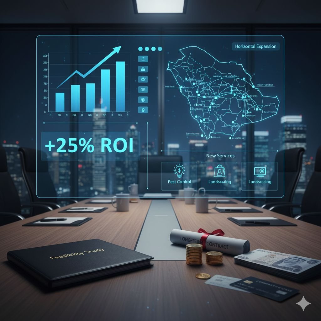 دراسة جدوى مشروع خدمات تنظيف وصيانة العقارات توضح خطة التوسع الاستراتيجي وجذب التمويل المستدام ونسبة العائد على الاستثمار (ROI).