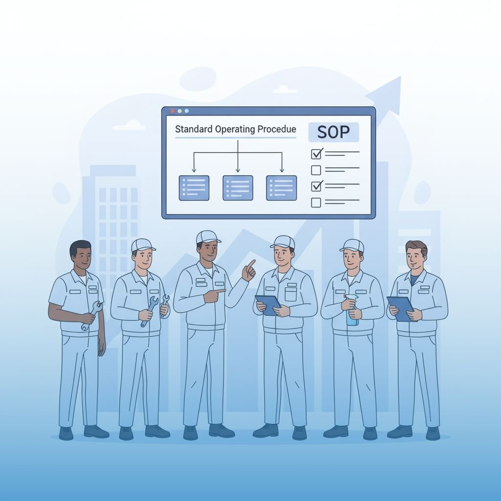  دراسة جدوى مشروع خدمات تنظيف وصيانة العقارات توضح تدريب الكوادر الفنية على دليل SOPs.