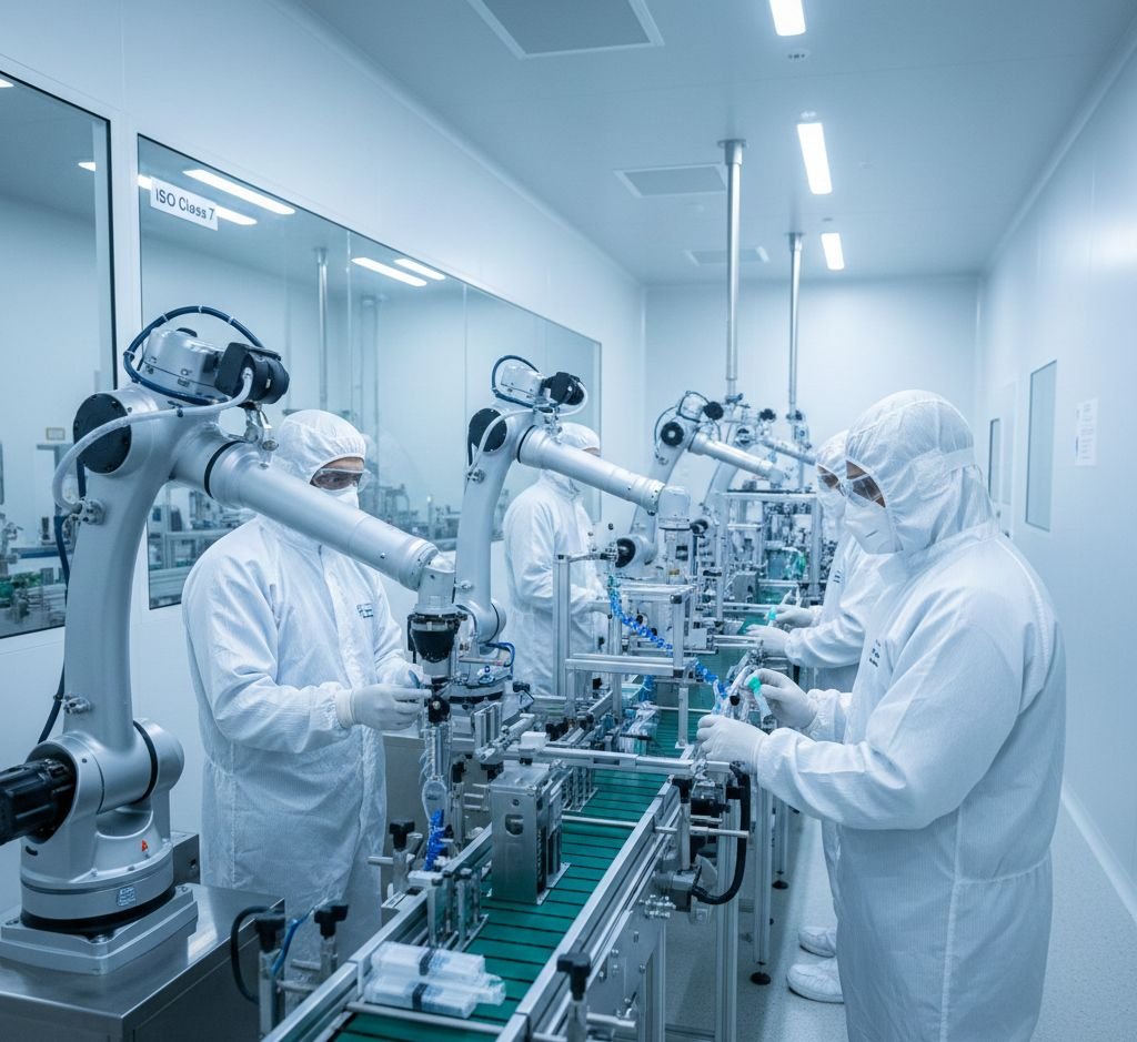 خط إنتاج آلي ومؤتمت داخل مصنع مستلزمات طبية في السعودية يطبق معايير الغرف النظيفة ISO.