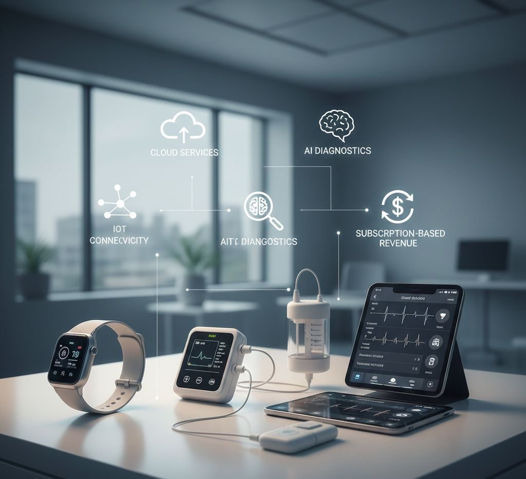 أجهزة إنترنت الأشياء الطبي (IoMT) وساعات ذكية طبية وبرمجيات تشخيصية كجزء من مشروع مستلزمات طبية متطور في السعودية.