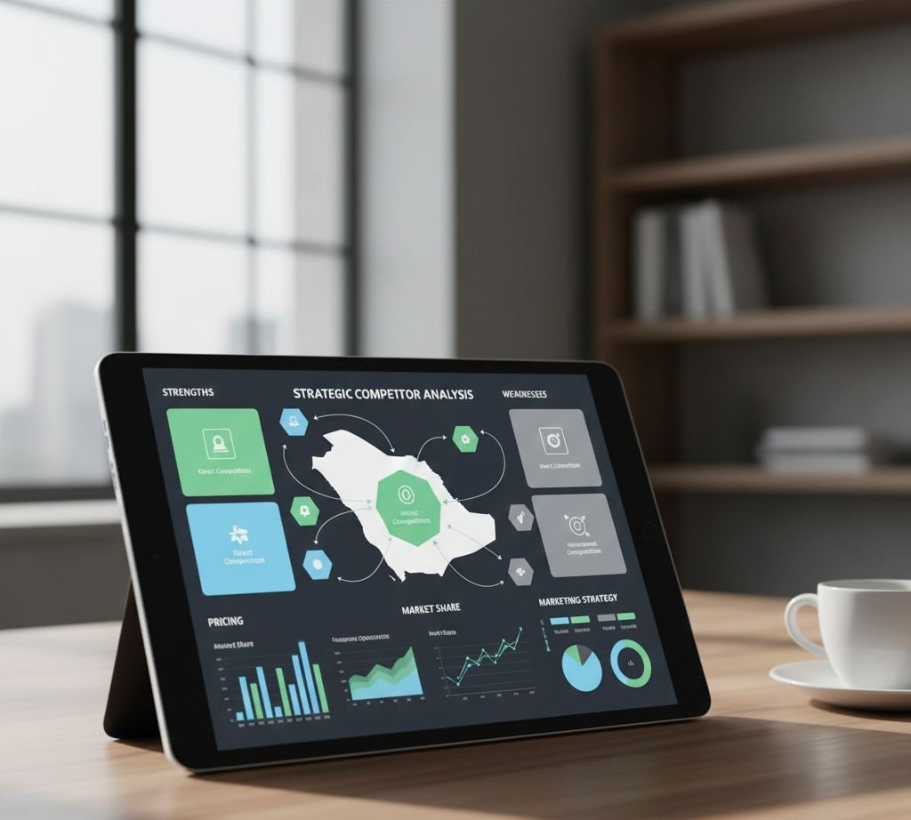 لوحة بيانات رقمية (Dashboard) على جهاز لوحي تعرض تحليل SWOT التنافسي، وتوزيع الحصة السوقية في السعودية، ورسوم بيانية لتقييم نقاط القوة والضعف ضمن دراسة المنافسين.