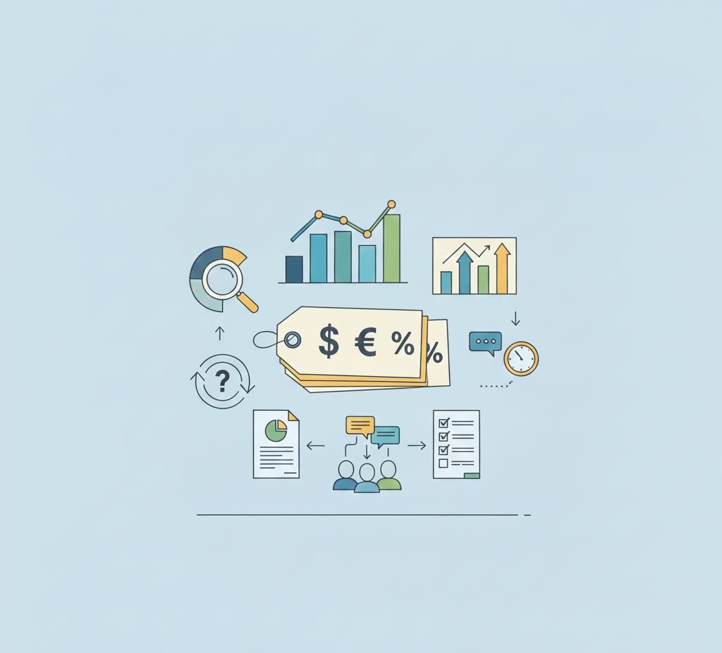 رسوم توضيحية (Infographic) تعبر عن تحليل هيكل الأسعار، ونسب الخصم، ومقارنة التكاليف، وهو جزء أساسي من دراسة المنافسين لتحديد نقطة السعر المثالية للمشروع.