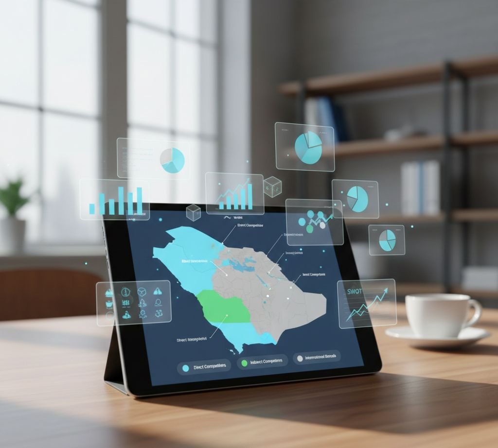 جهاز لوحي يعرض خريطة المملكة العربية السعودية مع رسوم بيانية وتحليلات ذكية لتصنيف المنافسين المباشرين وغير المباشرين ضمن دراسة المنافسين.