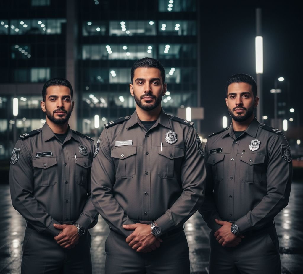 حراس أمن سعوديون بزي رسمي احترافي يمثلون نموذجاً ناجحاً لـ مشروع شركة حراسات أمنية متوافق مع معايير الأمن العام.