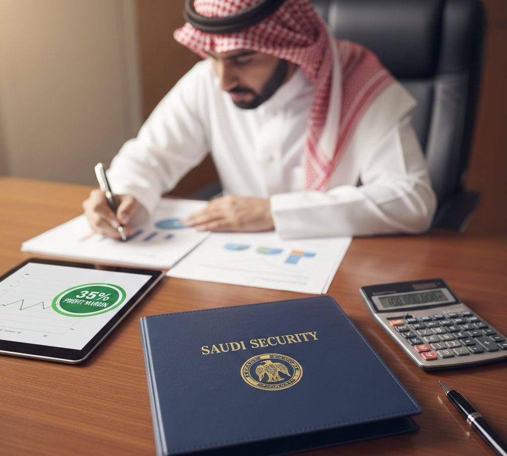 محلل ائتماني يراجع دراسة جدوى مالية لشركة حراسات أمنية موضحاً هامش ربح 35% وشعار الأمن السعودي.