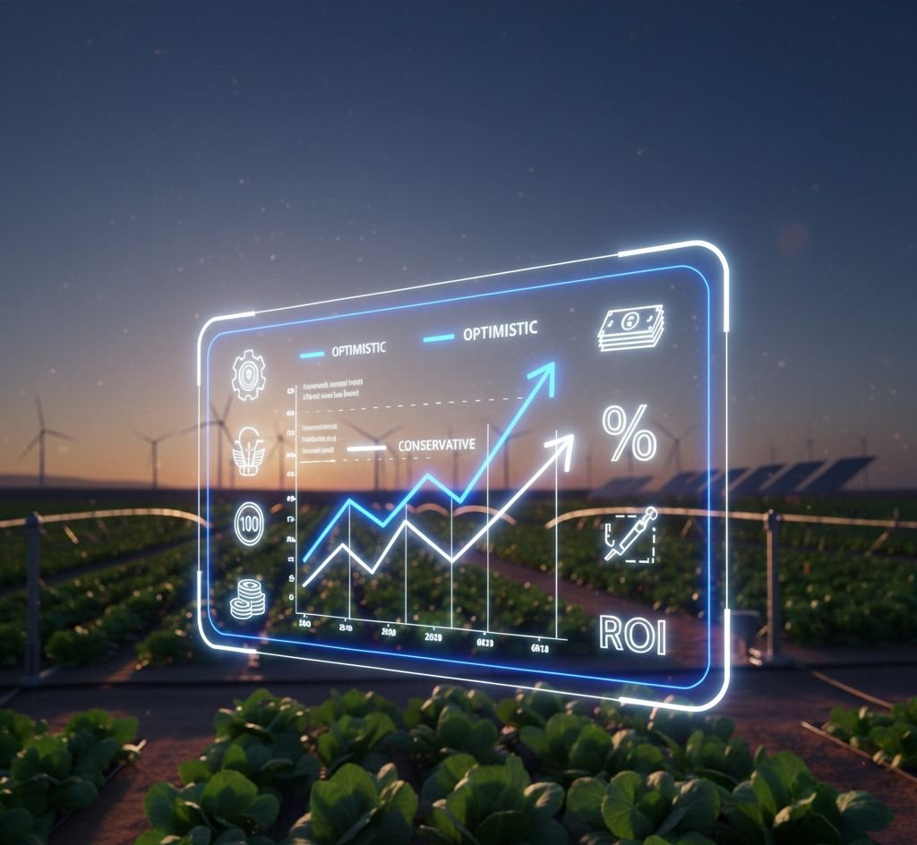 سيناريوهات العائد على الاستثمار الزراعي (المتفائل والواقعي والمتحفظ) لمشاريع التمويل في السعودية.