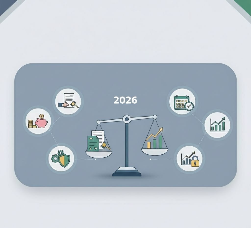 إنفوجرافيك يوضح إدارة مخاطر التمويل والالتزام التشريعي للمشاريع في السعودية لعام 2026 مع أيقونات للضمانات والميزان القانوني.