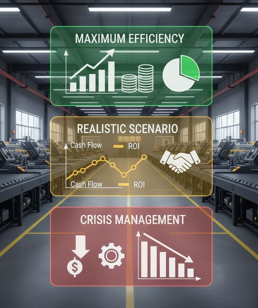 رسم توضيحي لسيناريوهات التشغيل المالي في مصنع سعودي، يوضح الكفاءة القصوى، السيناريو الواقعي، وإدارة الأزمات مع رسوم بيانية للتدفق النقدي.