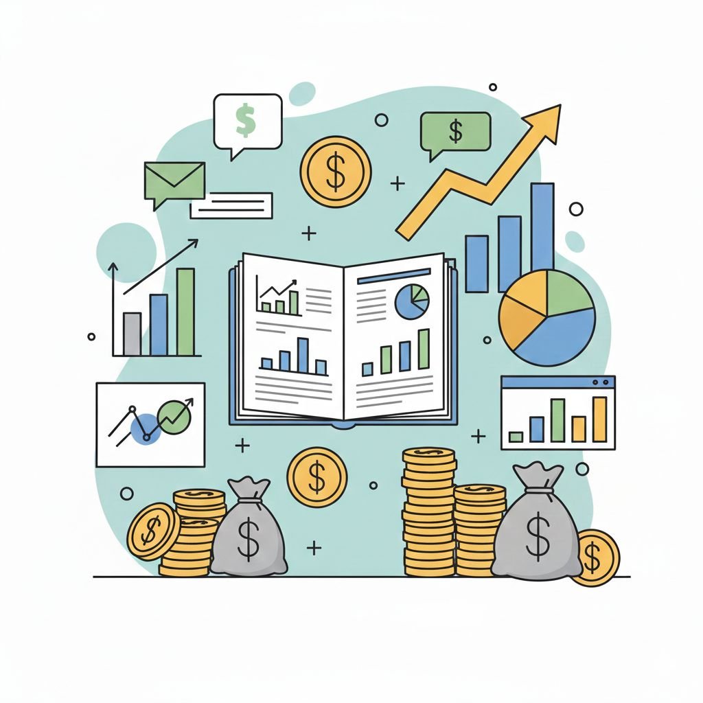 رسم توضيحي (Vector) يعبر عن تمويل المشاريع الصناعية في السعودية، يظهر عناصر التخطيط المالي، دراسات الجدوى، والعملات النقدية مع رسوم بيانية صاعدة.