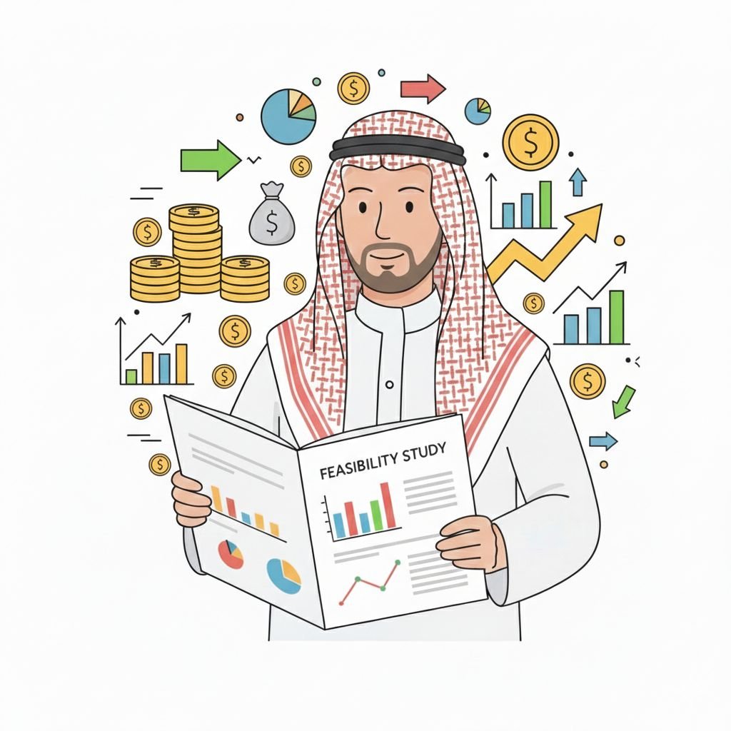 رسم توضيحي لمستثمر سعودي يراجع دراسة جدوى، محاط برموز مالية ورسوم بيانية تعبر عن خطوات تمويل المشاريع الصناعية في السعودية بنجاح.