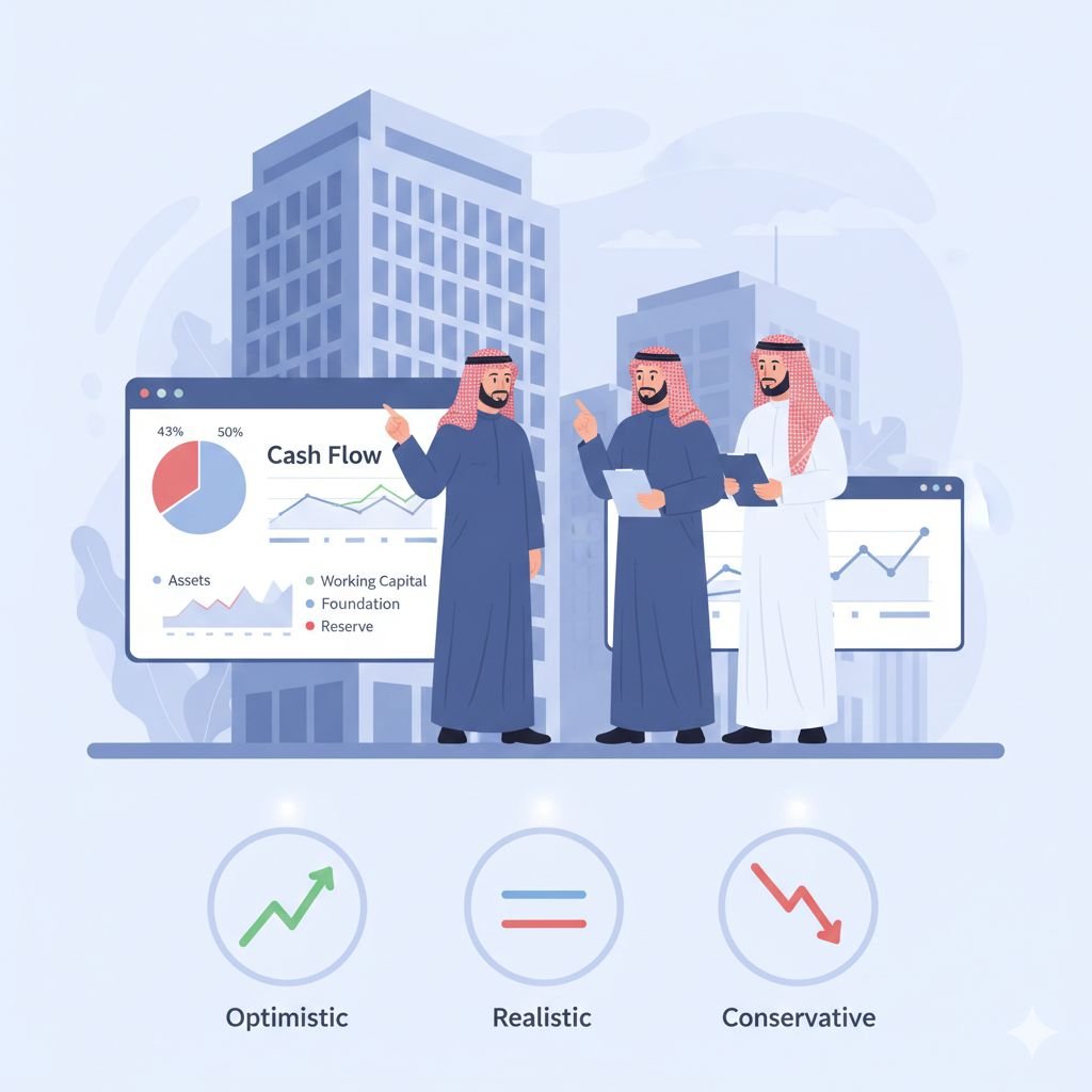 رسم توضيحي يمثل تحليل التدفقات النقدية وسيناريوهات التمويل (متفائل، واقعي، متحفظ) لمشروع صغير في السعودية.