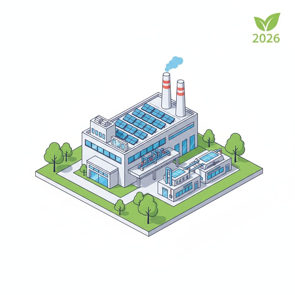 رسم توضيحي لمصنع صديق للبيئة يعمل بالطاقة الشمسية، يمثل معايير الاستدامة المطلوبة عند طلب تمويل المشاريع الصناعية في السعودية لعام 2026.
